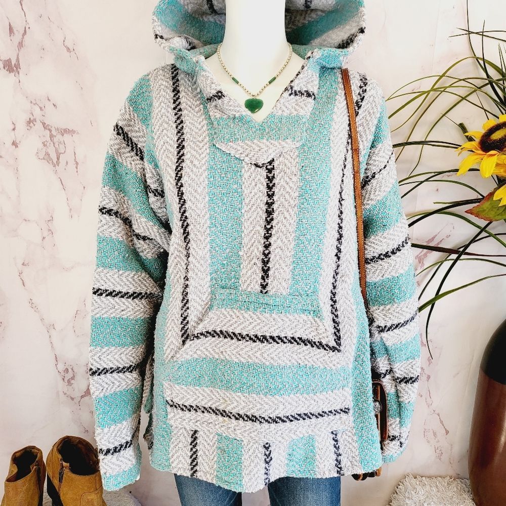 Vintage Aqua, White & Black Striped Baja Hoodie